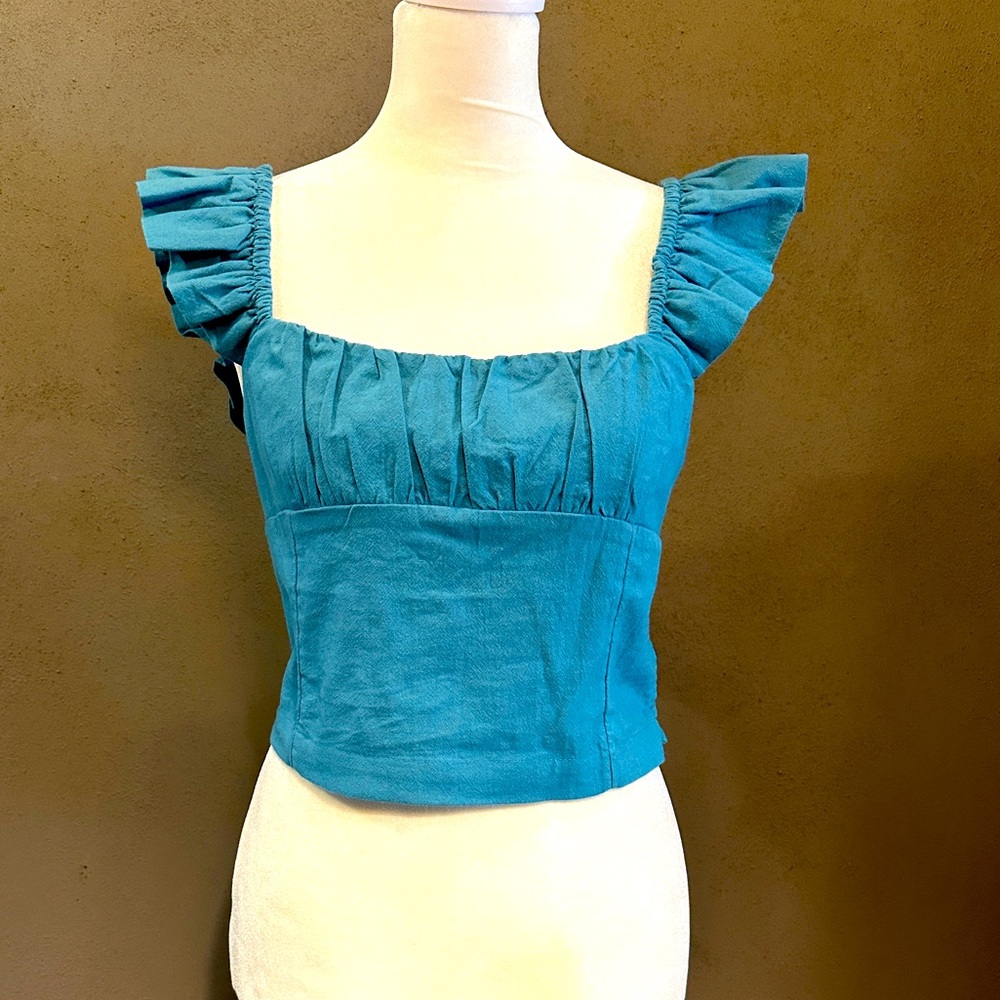 Free People flutter sleeve top with rouched back, NWT, size Small, teal blue